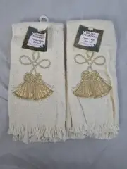 VTG Christmas Holiday (2) Fringed Hand Guest Towel Bells 11" x 18" Fingertip