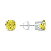 3.50 Ct Round Canary Earrings Crown Set Studs Solid 14K White Gold Screw Back