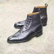 Handmade Men Black Leather Button Boots, Men Ankle Leather Button Boots For Men