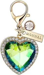 [Monnel] MC505 Little Crystal Love Heart Lobster Clasp Charm for Women with Velvet Bag (Green,1 Piece), approx.2.2 cm (L) X 0.7 cm (W) X 2.4 cm (H), Zinc Alloy Metal Rhinestone Crystal Enamel Handmade