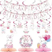 26 PCS Bunny Birthday Party Decorations Kit Easter Bunny Party Supplies Bunny Birthday Banner Bunny Honeycomb Centerpiece Rabbit Hanging Swirls Cutouts for Girl Baby Shower Party Supplies