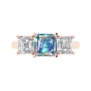 3.25ct Emerald 3 stone Blue Moissanite Promise Bridal Wedding Ring 14k Rose Gold