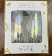 Laura Ashley 2 Piece Stemless Flute Set ~ 8 oz "Cheers""Toast" Champagne New NIB