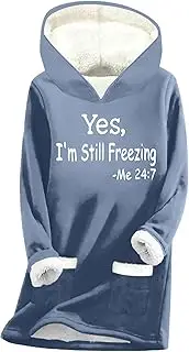 Binmer Yes,I'm Still Freezing Me 24:7 Hoodie, Sherpa Lining, Winter, Warm, Thick Fleece, Sweatshirt, Plus Size, Lounge Tops, E-with Pocket-Blue, L