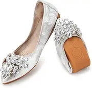 [TABNIX] Women's Ballet Flats Rhinestone Soft Wedding Ballerina Shoes Foldable Sparkly Dress Comfort Slip on Flat Shoes
