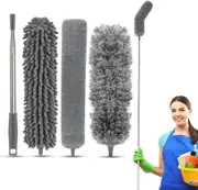 New Upgrade Extension Duster 100inch Thickening Telescopic Rod,Bendable & Washable Microfiber Feather Dusters (4IN1Grey)