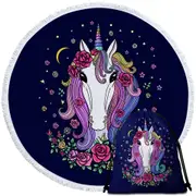 Rainbow Haired Unicorn and Roses Round Beach Towel
