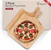 [Slyced] Set of 2 Bamboo Pizza Peel 12 Inch - Restaurant Grade Wood Pizza Paddles - Pizza Boards Compatible With Ooni, Gozney and Solo Stove Pi Pizza Ovens - Wooden Pizza Cutting Board with Handle