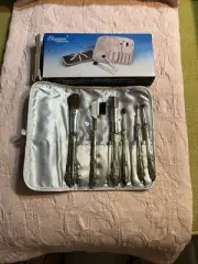 Elegance Silver Plate MakeUp Brush Set Vintage Gray Roll Up Case With Box P1