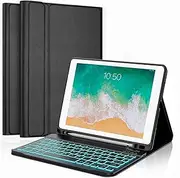 ZAULER for iPad 9.7 inch 6th 2018, 5th Gen. 2017, Air 2 2014 Released Case with Keyboard - 7 Colors Backlit Wireless Detachable Folio Keyboard Cover with Pencil Holder