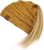[C.C] BeanieTail Soft Stretch Cable Knit Messy High Bun Ponytail Beanie Hat