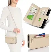 [SunYoo] for Samsung Galaxy A14 Wallet Case for Women,for GalaxyA14 Case with Strap Crossbody Lanyard,Leather Shockproof Card Holder Stand Zipper Pocket Flip Phone Case Cream