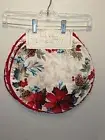 Nicole Miller Set of 4 Poinsettia Placemats 15" Round Holly Pinecones Red Fringe