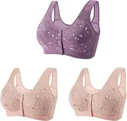 [BTDECLAR] Daisy Bras for Older Women, 3 Pack Cotton Comfort Breathable Front Snap Closure Bra Hide Back Fat Seamless Underwear