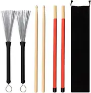 CCMART 1 Pair 5A Drum Sticks Maple Drumsticks Set 1 Pair Drum Wire Brushes Retractable Drum Stick Brush and 1 Pair Hot Rods Drum Sticks for Jazz Acoustic Music Lover Gift with Portable Storage Bag
