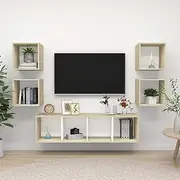 Wall-Mounted Floating TV Cabinet Set, White & Sonoma Oak, Modern Entertainment Storage Unit for Living Room Media Centers