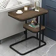 DAWNTREES Side Table C-Shaped Coffee Table Imitation Marble Texture 2-Layer Storage Shelf Living Room Tea Table Sofa Side Table, 56x50x30cm Black Frame Wood Board