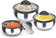Milton Clarion Jr. Inner Steel Casserole with Glass Lid, 570 ml, 1220 ml, 1950 ml (19 oz/ 41 oz/ 66 oz) Thermal Serving Bowl, Insulated Hot Pot, Keeps Food Hot & Cold BPA Free | Set of 3, Steelplain