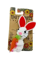 Knitmares White Rabbit Carrot Keychain One Of A Kind String Animal w Bell Chain