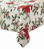 Christmas Poinsettia Holly & Pine Tablecloth, Woven Fabric Table Cloth 60x102
