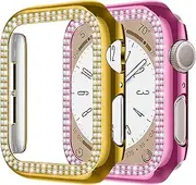 2-Pack PC Cases with Double Row Diamond for Apple Watch 44mm, Bling PC Protective Bumper for iWatch Series 6/5/4/SE - Gold & Rose Pink
