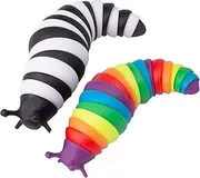 MEIEST 2 PCS Fidget Slug Toys,3D Articulated Stretch Caterpillar Sensory Stress Relief Flexible Hand Toy, Ideal Party Favor Colorful Anti-Anxiety Office Desk Pet Toys (Black+White,Rainbow)
