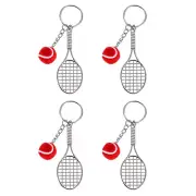 4Pcs Alloy Mini Tennis Racket with Ball Keychain Keyring, Red