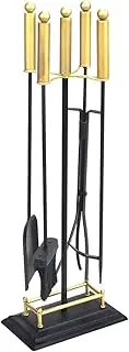 Barton 5Pc Fireplace Tools Black & Gold Wrought Iron w/Stand Poker Shovel Tongs Brush Fire Set Accessories Indoor Outdoor