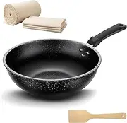 Deep Fry Pan Non Stick Titanium Coated - Hammered Stone Wok Pan with Glass Lid, Induction Cooktop Compatible, Oven Safe Aluminum Frying Pan & Soft-Touch Handle