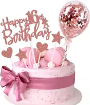 IEALODS 16Th Happy Birthday Cake Topper, Rose Gold Glitter 16Th Birthday Cake...
