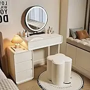 SHANGDAOYU Small Vanity Desk,LED Intelligent Lights Makeup Vanity,Make Up Table Vanity,3 Lighting Modes Vanity Desk With Mirror And Drawers For Bedroom(Round,FOUR LEAF STOOL_27.6IN)