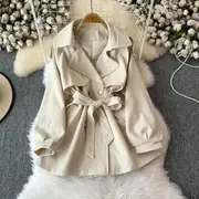 Long Sleeve Lapel Double-Breasted Trench Coat With Sash Off-White - XL