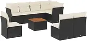 vidaXL Garden Sofa Set with Cushions - 9 Piece Black Poly Rattan Modular Patio/Lounge Furniture with Acacia Tabletop, Removable Covers