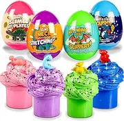 Waybla Dinosaur Butter Slime Kit for Kids – 4-Pack Colorful Butter Slimes with Glitter, Dinosaur Figurines, and Plastic Eggs – Sensory Toy, Party Favors, Birthday Gifts, Easter Basket Stuffers Fillers