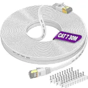 Long Ethernet Cable 30m, Cat 7 High Speed Flat Internet Cable 30 Meters Network Cable White 10gbps 600mhz Rj45 Cable 100ft Shielded Lan Patch Cable Fo