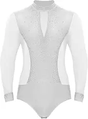[FEESHOW] Men's Shiny Rhinestones Latin Dance Leotard Shirt Long Sleeve Salsa Rumba Tango Leotard Dancewear