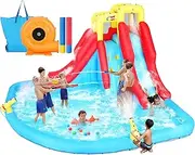 Inflatable Water Slide for Kids Backyard 12-in-1 Blow Up Water Park with 520W Blower, Climbing Wall, Splash Pool, 2 Water Squirters, 2 Water Cannons, Double Water Slides with Sprinklers Outdoor Party