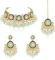 [Aheli] Kundan & Beads Studded Mint Color Necklace Earrings Maangtikka Set Ethnic Jewellery for Women, One Size, Metal, No Gemstone