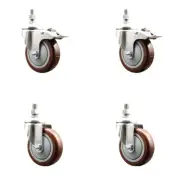 4 Inch 316SS Maroon Polyurethane 3/8 Inch Threaded Stem Caster Set 2 Lock Brake