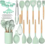 Generic 33 PCs, Kitchen Utensils Set, Non Stick Silicone Cooking Utensil Set, Wooden Handle, Heat Resistance, Gadgets Sets, Kitchen Spoons, Spatula Sets, Brush, Whisk, Tongs, Bucket (Green), LSD-093