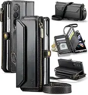 [Strapurs] Crossbody Wallet Case Compatible with Samsung Galaxy Z Fold 4 with RFID Blocking Card Holder & Pen Holder Slot Soft PU Leather Shoulder Strap Zipper Pocket Purse Fold 4 Phone Case, Black