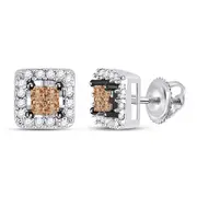 14k White Gold Princess Brown Diamond Square Earrings 1/3 Cttw