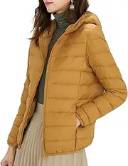 [JEShifangjiusu] Women's Lightweight Plumon Jacket with Long Sleeve Hat with Chain Winter Coat Fully Foldable Warm Short Plumon Coat, Yellow, XL