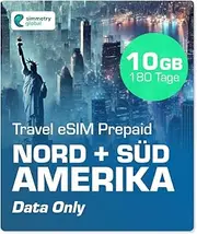 Simmetry North & South America Data eSIM 10GB 180 Day Compatible with eSIM Enabled iOS and Android Devices Hotspot Sharing Allowed Ideal for Long Trips or Long-Lasting Use