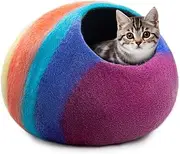 Woolygon Premium Felt Cat Cave Bed – Wool Kitty Beds Handcrafted Kitten Caves Bed for Indoor Cats - Made from 100% Eco-Friendly Merino Wool, Foldable Cat Hidewawy Covered Cat House Pod (Rainbow Twist)