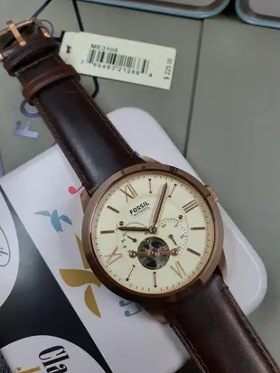 FOSSIL Townsman Automatic 小鏤空錶盤 深棕色皮革錶帶 男士 自動機械錶 ME3105