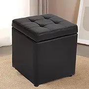 Uandhome Storage Ottoman Cube Storage Box,Multipurpose Foot Stool PU Faux Leather,Small Square Ottoman Shoe Bench with Padded Seat for Living Room Bedroom Dorm (Black)