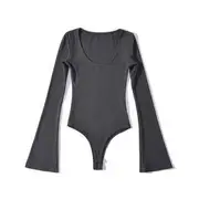 Flared-Sleeve Scoop Neck Plain Bodysuit Top Charcoal Gray - M