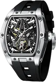 [FF FREE FOCUS] Free Focus Unique Men Watches,Automatic Mechanical Watch,Luxury Skeleton Tonneau Watches for Men with Stainless Steel Case and Silicon Band (Rubies Movement/9ATM Waterproof/Super_Luminous)