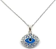 [MYSTIC JEWELS] 925 Sterling Silver Glass Evil Eye Drop Shape Filigree Pendant with Silver Chain (Eye Shape)